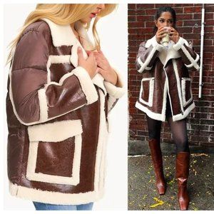 💥RETRO CHIC💥Fur Lined Leather Borg Jacket in Brown & Ivory